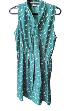 Maya Teal Bird-Print Tie-Neck Sleeveless Dress
